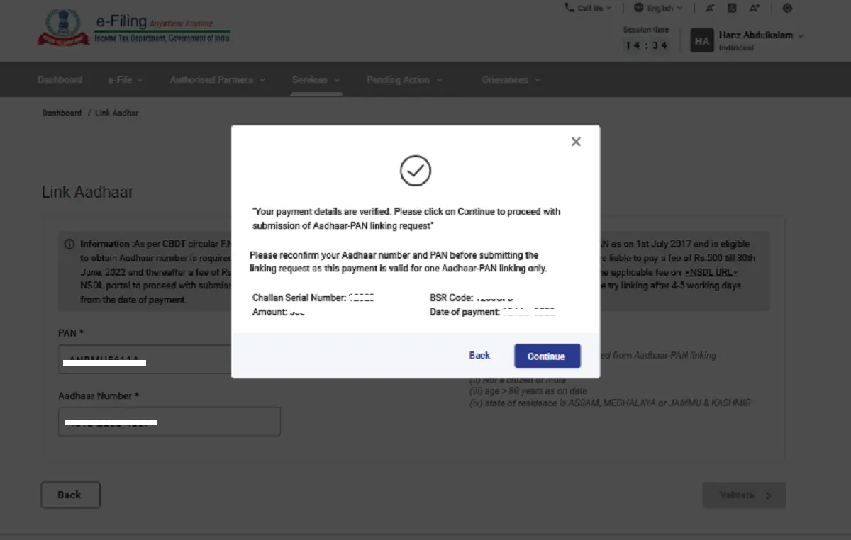 pan aadhar link status check online